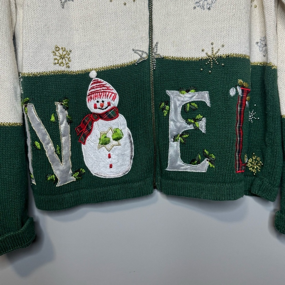 All Points Christmas Snowman Noel Zip Up Cardigan Sweater Green Cream Large - Picture 5 of 5